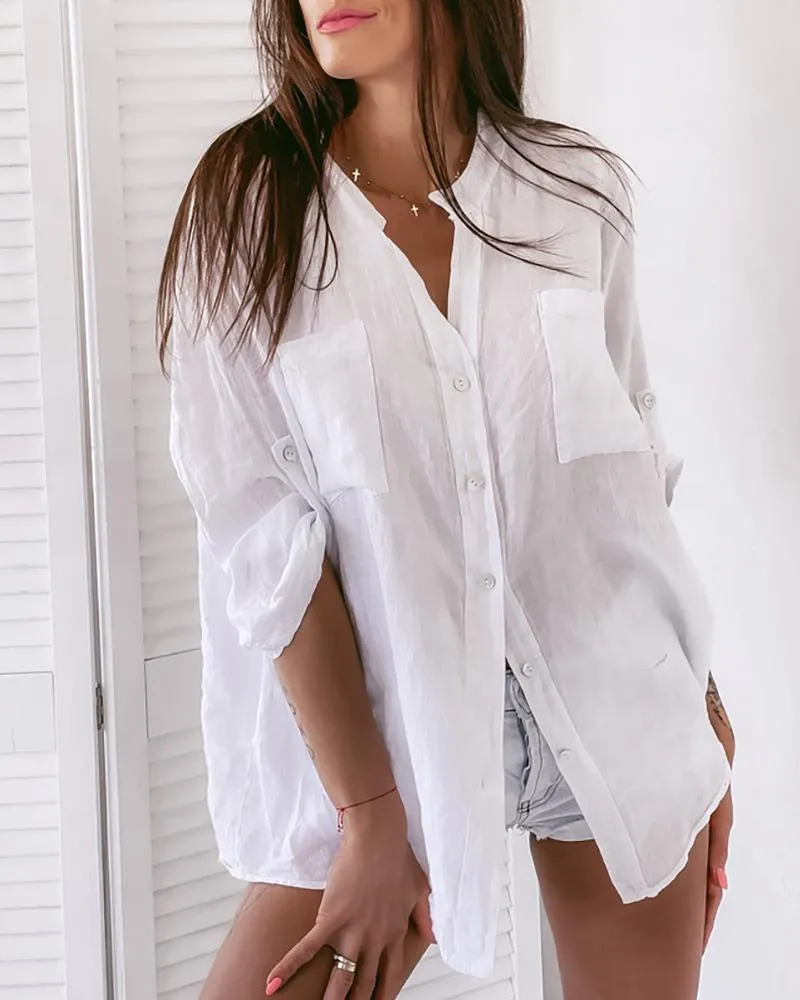 Guipure Lace Buttoned Pocket Design Top