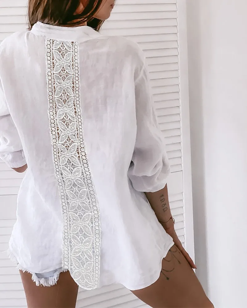 Guipure Lace Buttoned Pocket Design Top