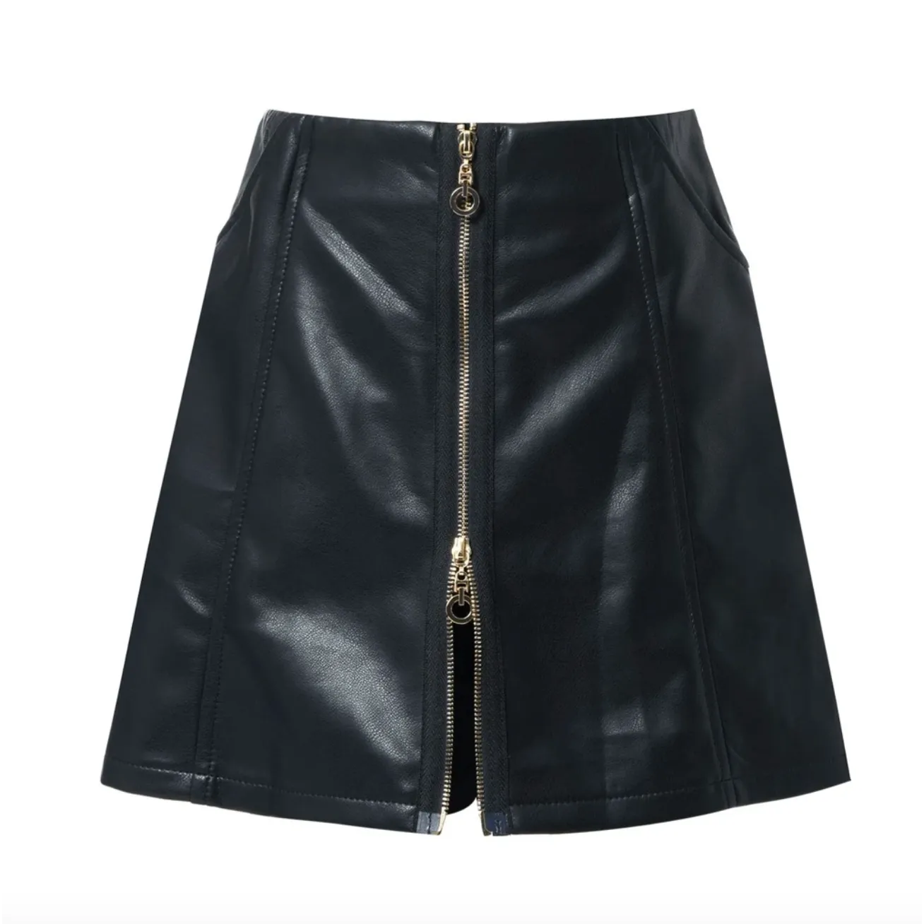 Hannah Banana Front Zipper Faux Leather Mini Skirt with Under Shorts - Black