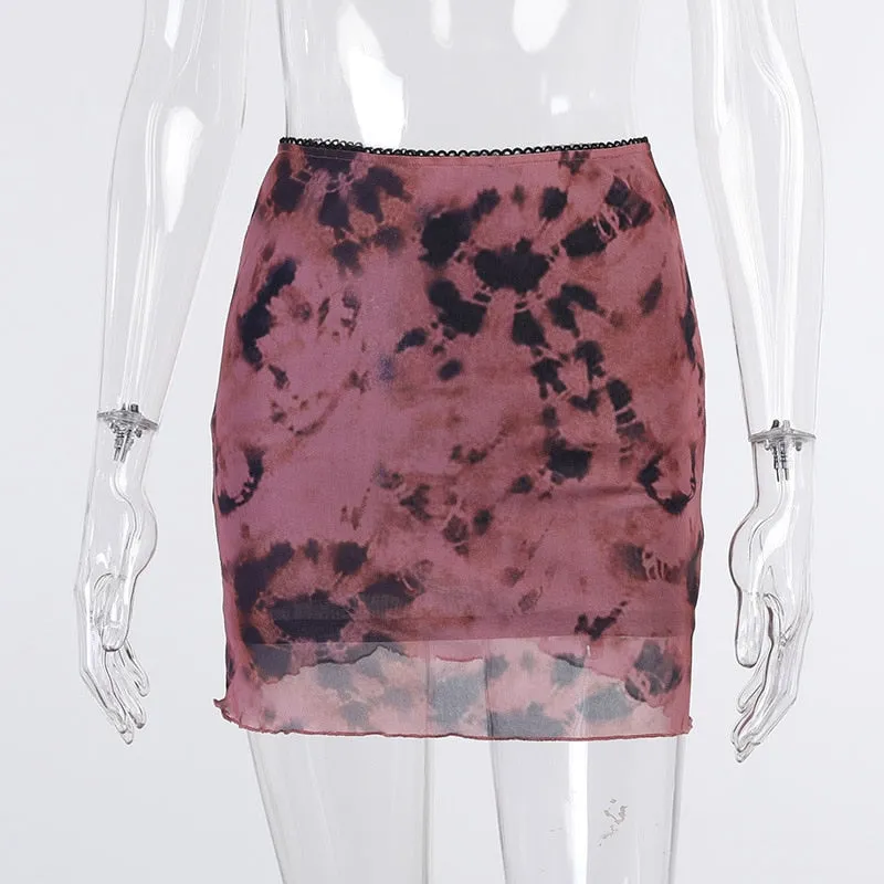 High Waist Tie Dye Mesh Mini Skirt - Pastel Goth Ruffles
