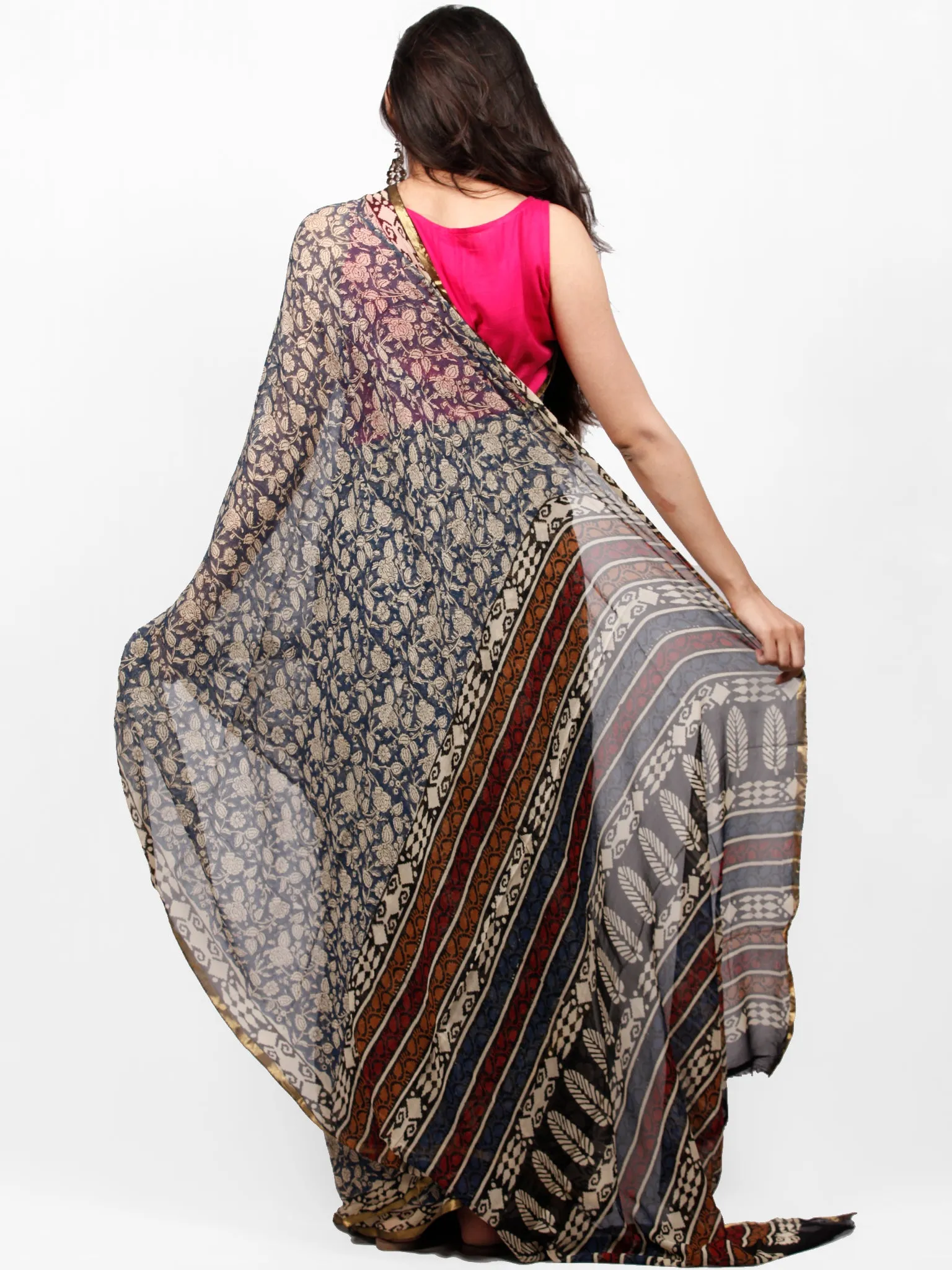 Ivory Indigo Black Hand Block Printed Chiffon Saree with Zari Border - S031703263