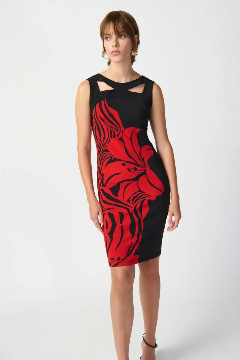 Joseph Ribkoff Black/Red Two-Tone Floral Print Sleeveless Sheath Dress 241210