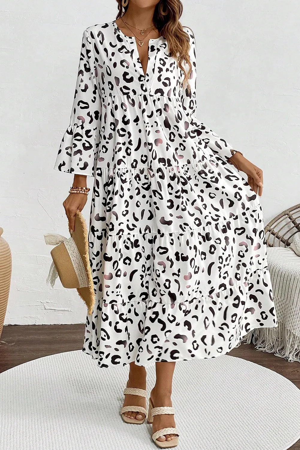 KaleaBoutique Leopard Print Notch V Neck Loose Fit Maxi Dress