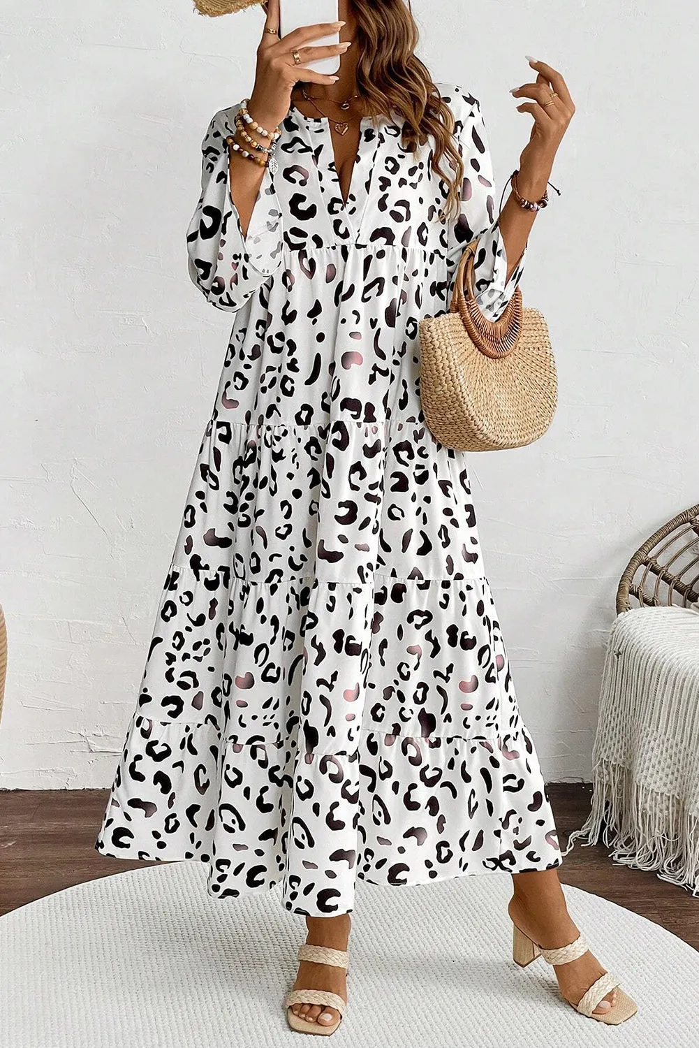 KaleaBoutique Leopard Print Notch V Neck Loose Fit Maxi Dress