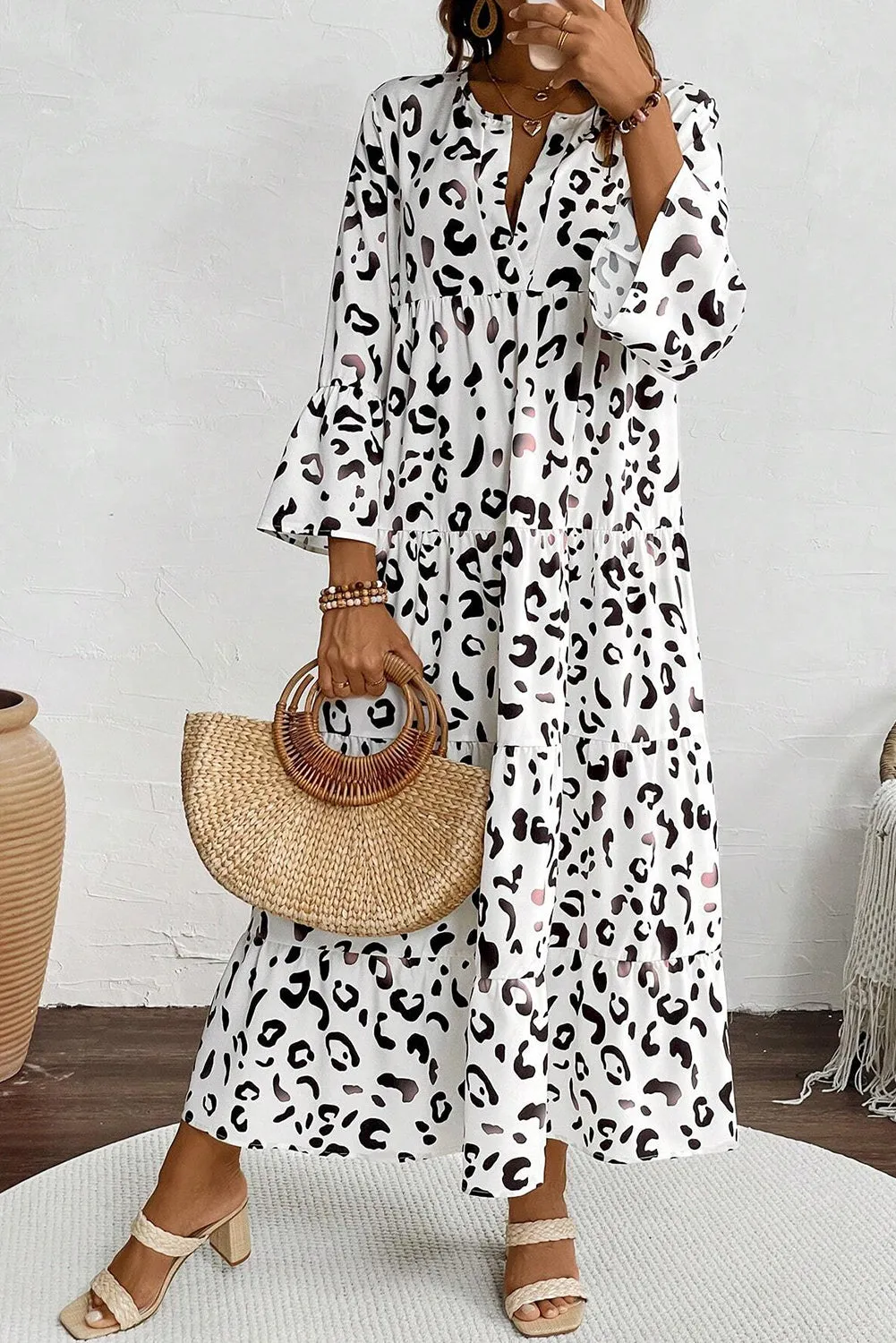 KaleaBoutique Leopard Print Notch V Neck Loose Fit Maxi Dress