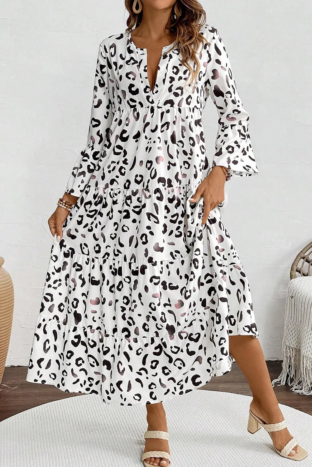 KaleaBoutique Leopard Print Notch V Neck Loose Fit Maxi Dress