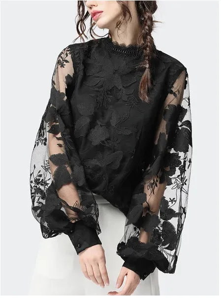 Ladies Blouses Lace Solid Color Women Clothing