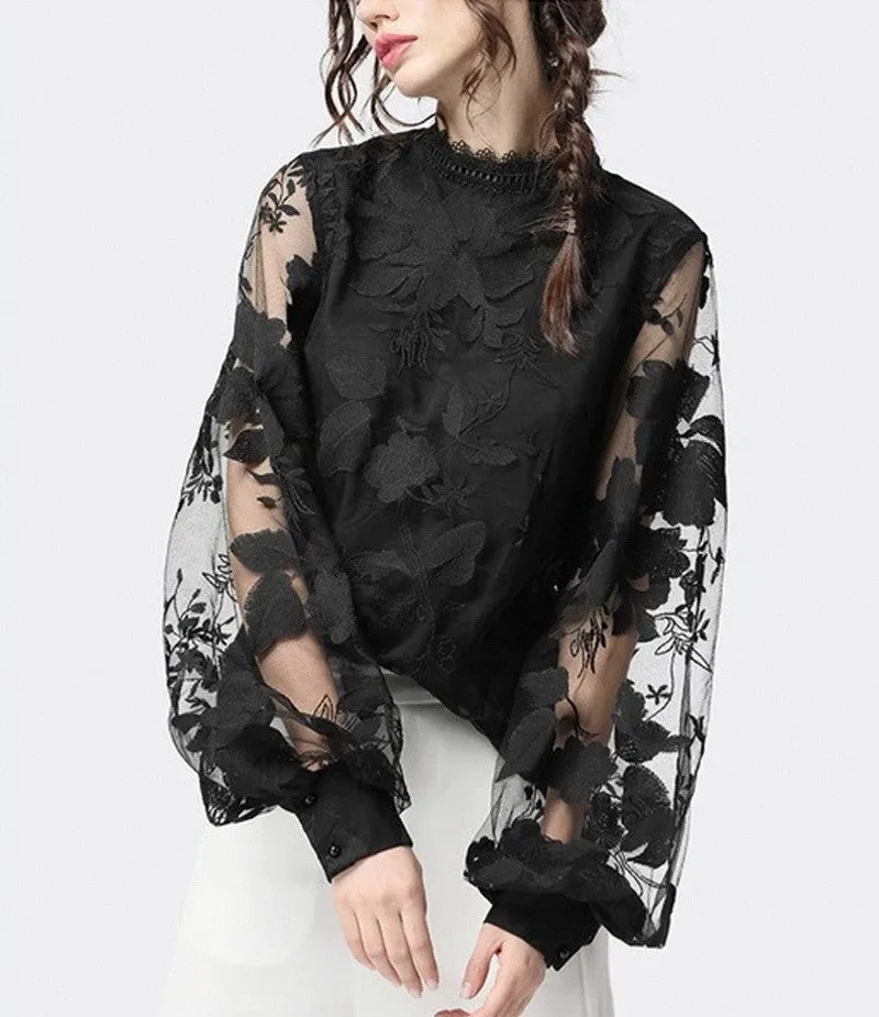 Ladies Blouses Lace Solid Color Women Clothing