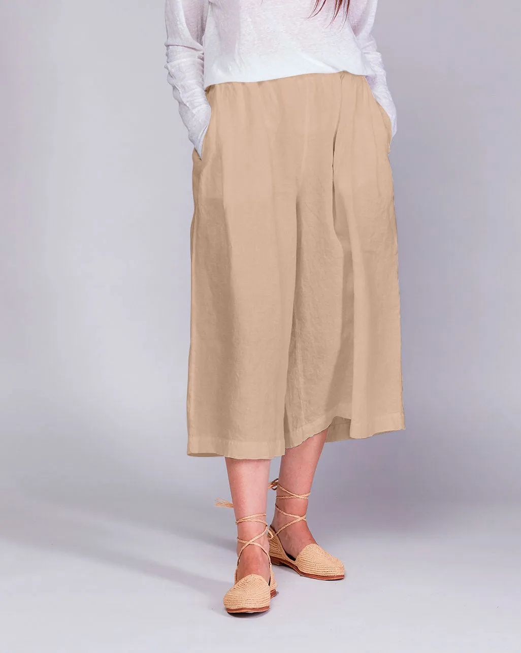 Linen Elastic Waist Cropped Palazzo Pants