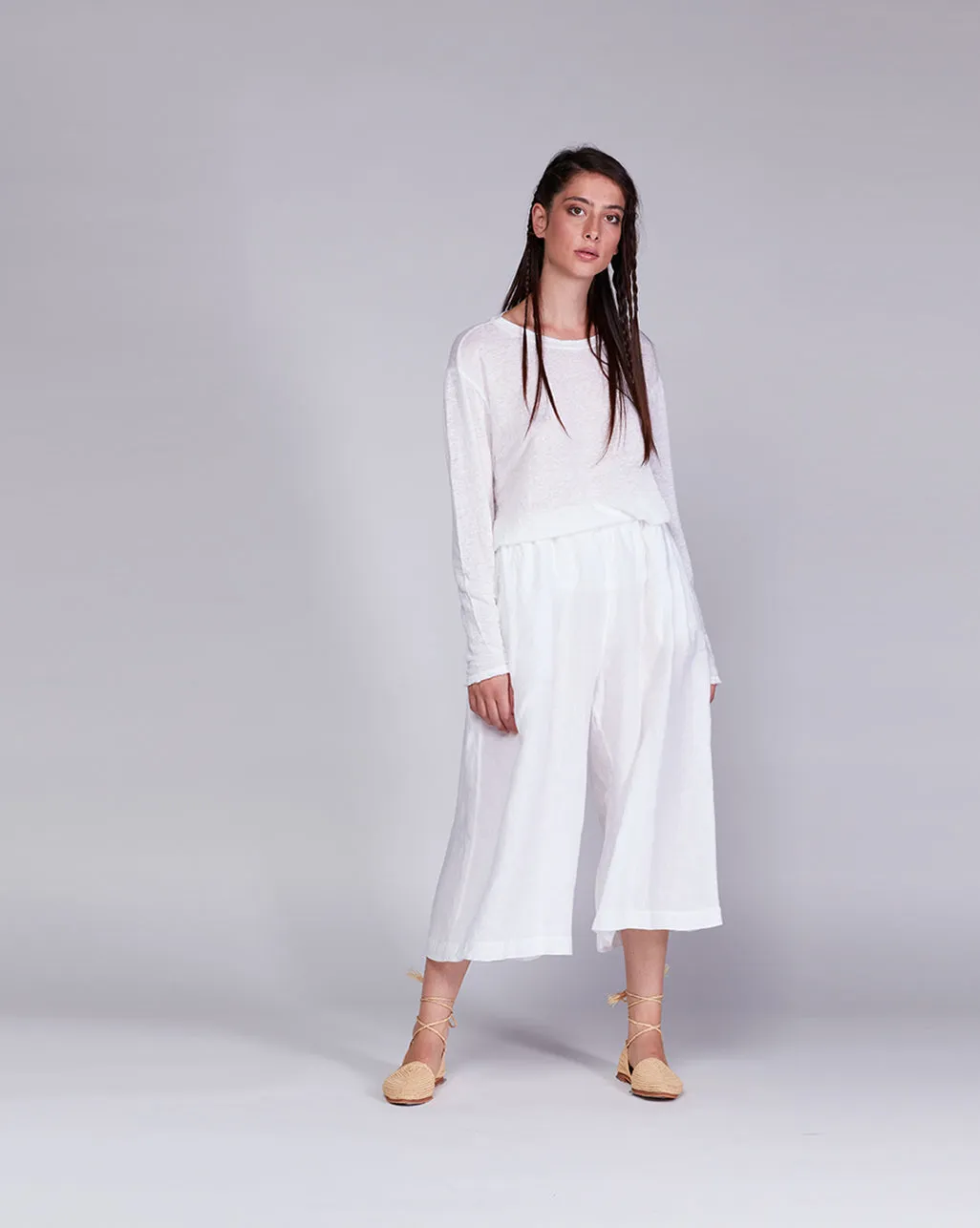 Linen Elastic Waist Cropped Palazzo Pants