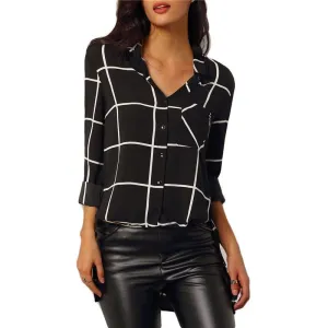 Long-sleeved Shirt Fashion Big Grid Children Women Blouses Long Shirts Casual Chiffon Black Blouse For Women
