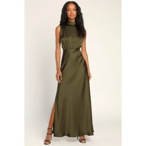 Lulus Classic Elegance Olive Satin Sleeveless Mock Neck Maxi Dress NWOT Size XL