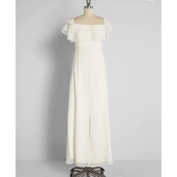 Modcloth NEW Southern Belles Ringing Maxi Dress Ivory Polka Dot Large White