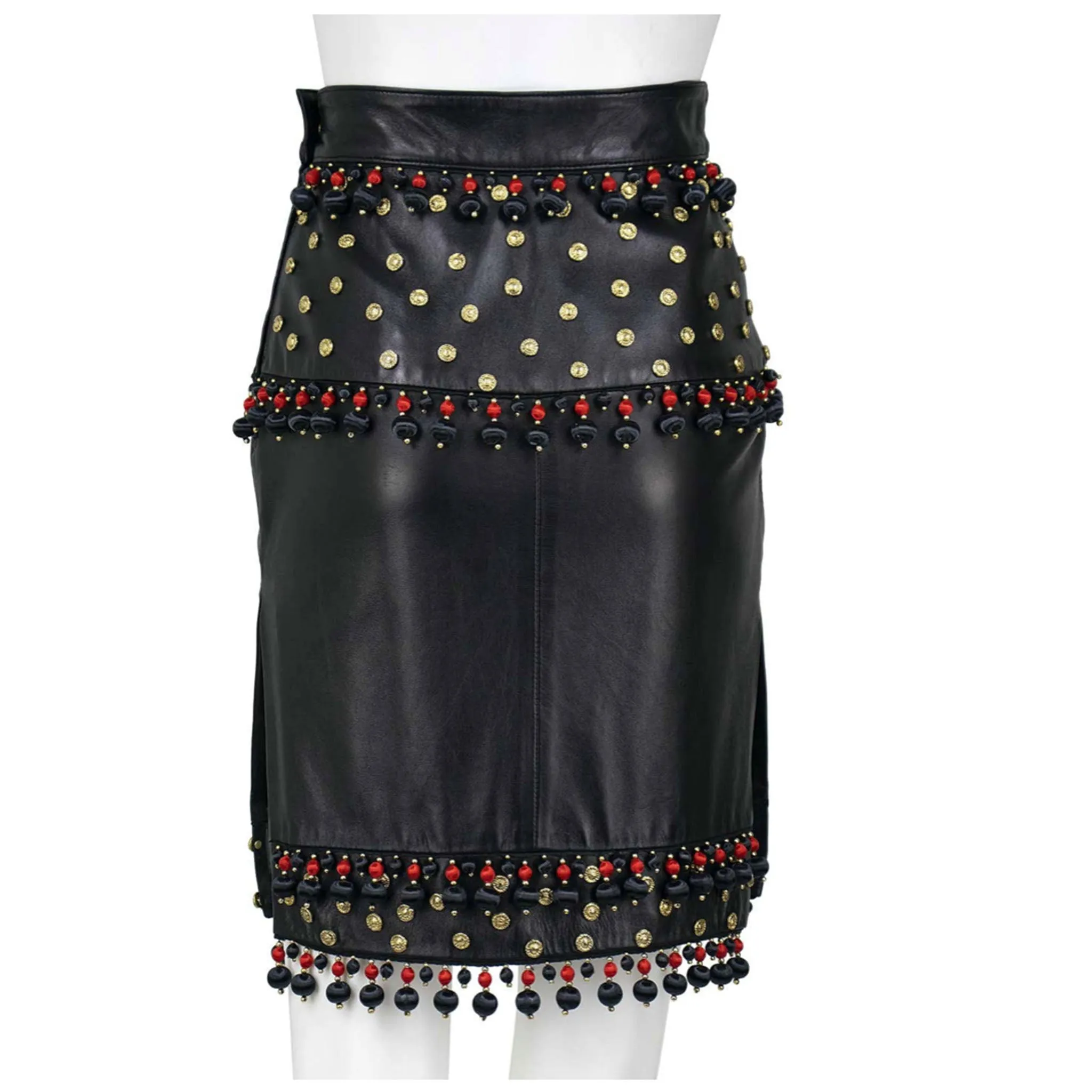 MOSCHINO 1990s Black Leather Skirt w/ Tassels, Studs and Flowers