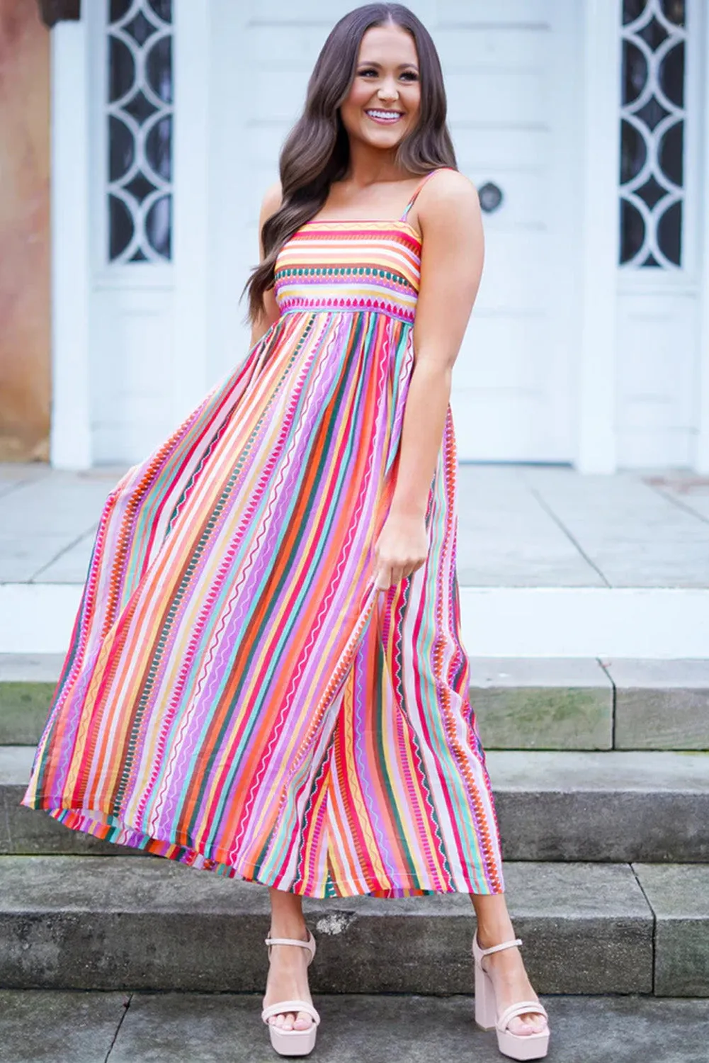 Multicolour Striped Thin Straps Smocked Back Boho Maxi Dress