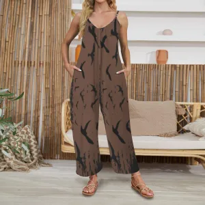 Murder of Crows Wide Leg Jumpsuit, Custom Witchy Crow Pleated Cami Pocket Wide Leg Jumpsuit