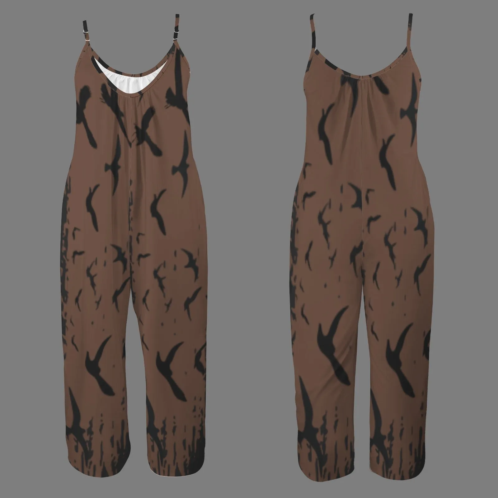 Murder of Crows Wide Leg Jumpsuit, Custom Witchy Crow Pleated Cami Pocket Wide Leg Jumpsuit