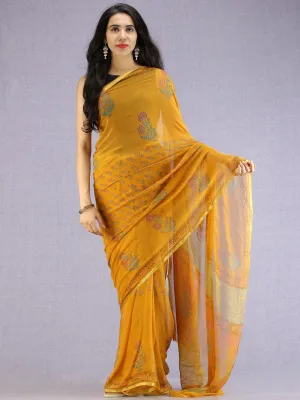Mustard Red Green Hand Block Printed Chiffon Saree with Zari Border - S031704601