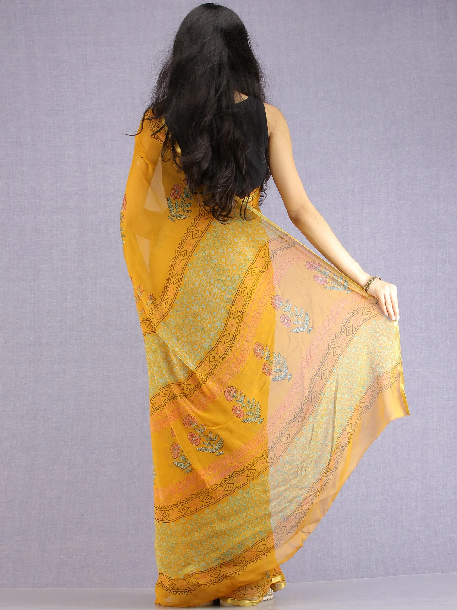 Mustard Red Green Hand Block Printed Chiffon Saree with Zari Border - S031704601