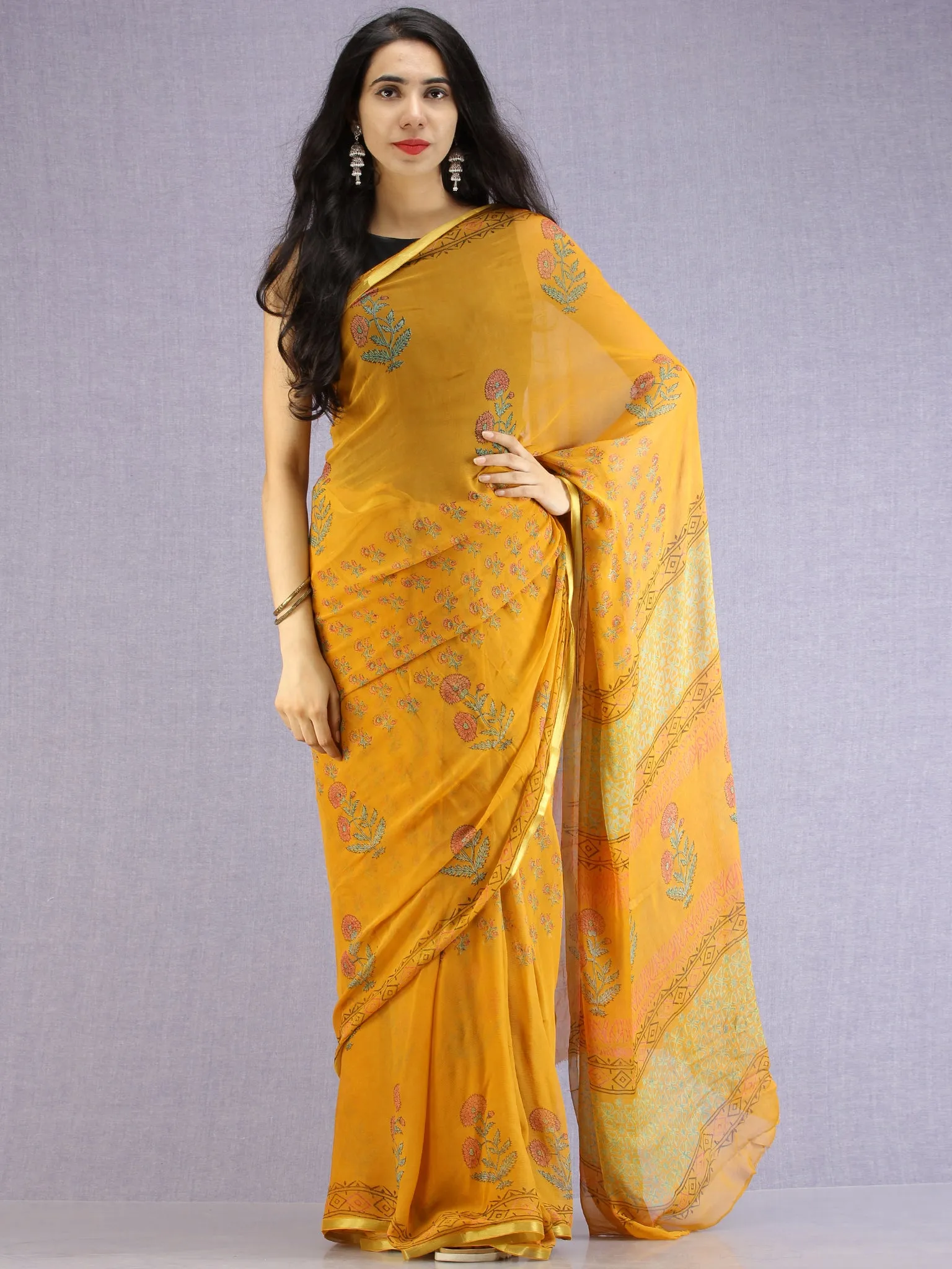 Mustard Red Green Hand Block Printed Chiffon Saree with Zari Border - S031704601