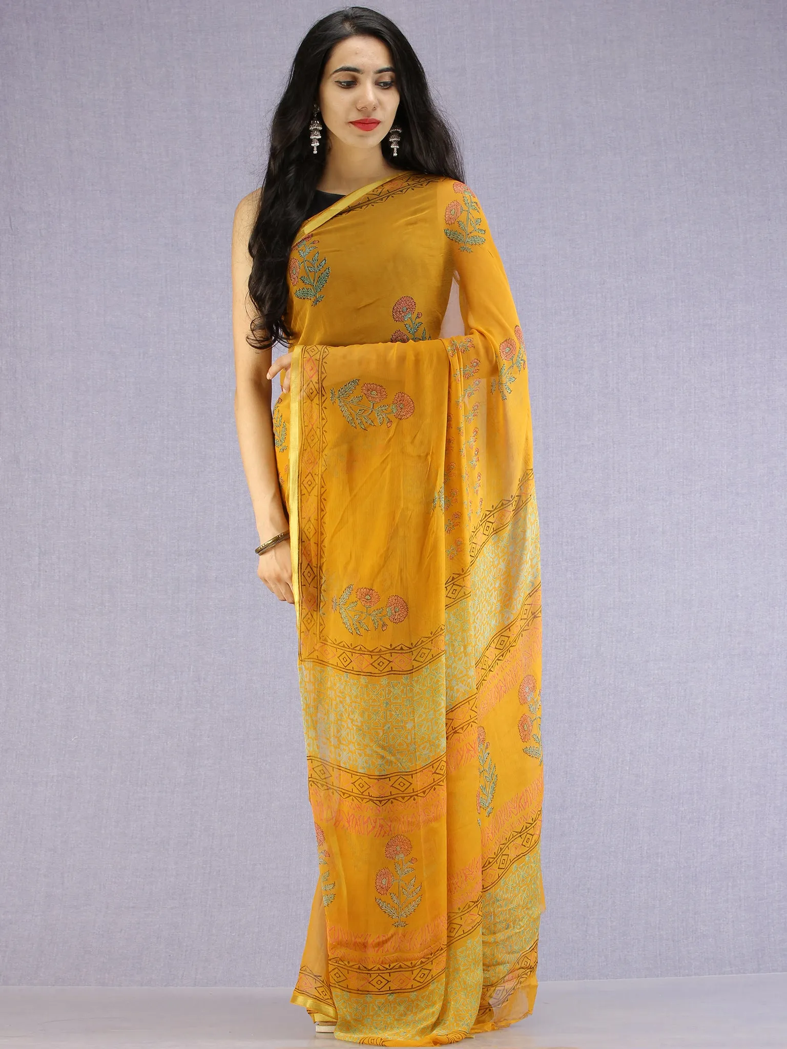 Mustard Red Green Hand Block Printed Chiffon Saree with Zari Border - S031704601
