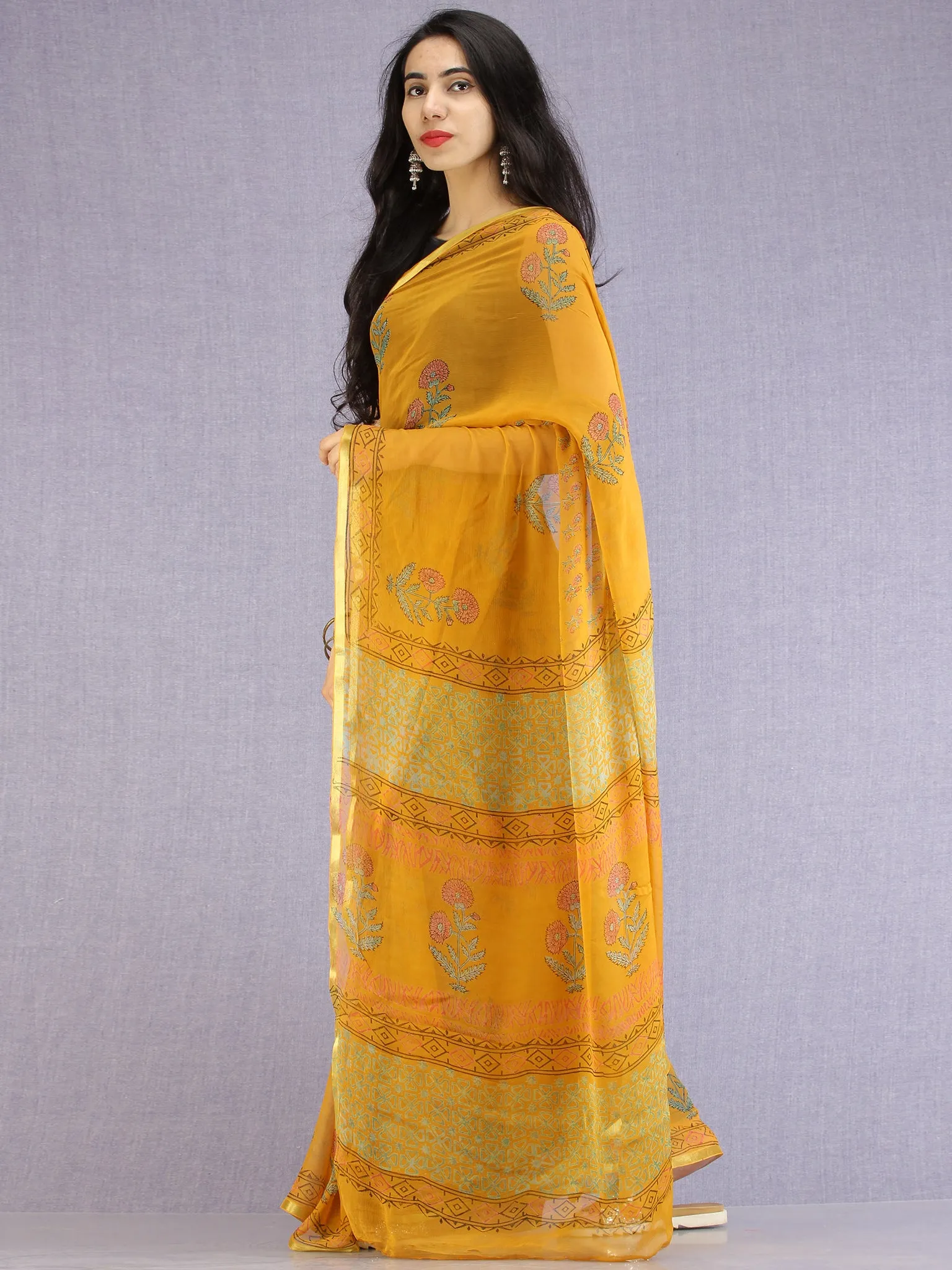 Mustard Red Green Hand Block Printed Chiffon Saree with Zari Border - S031704601