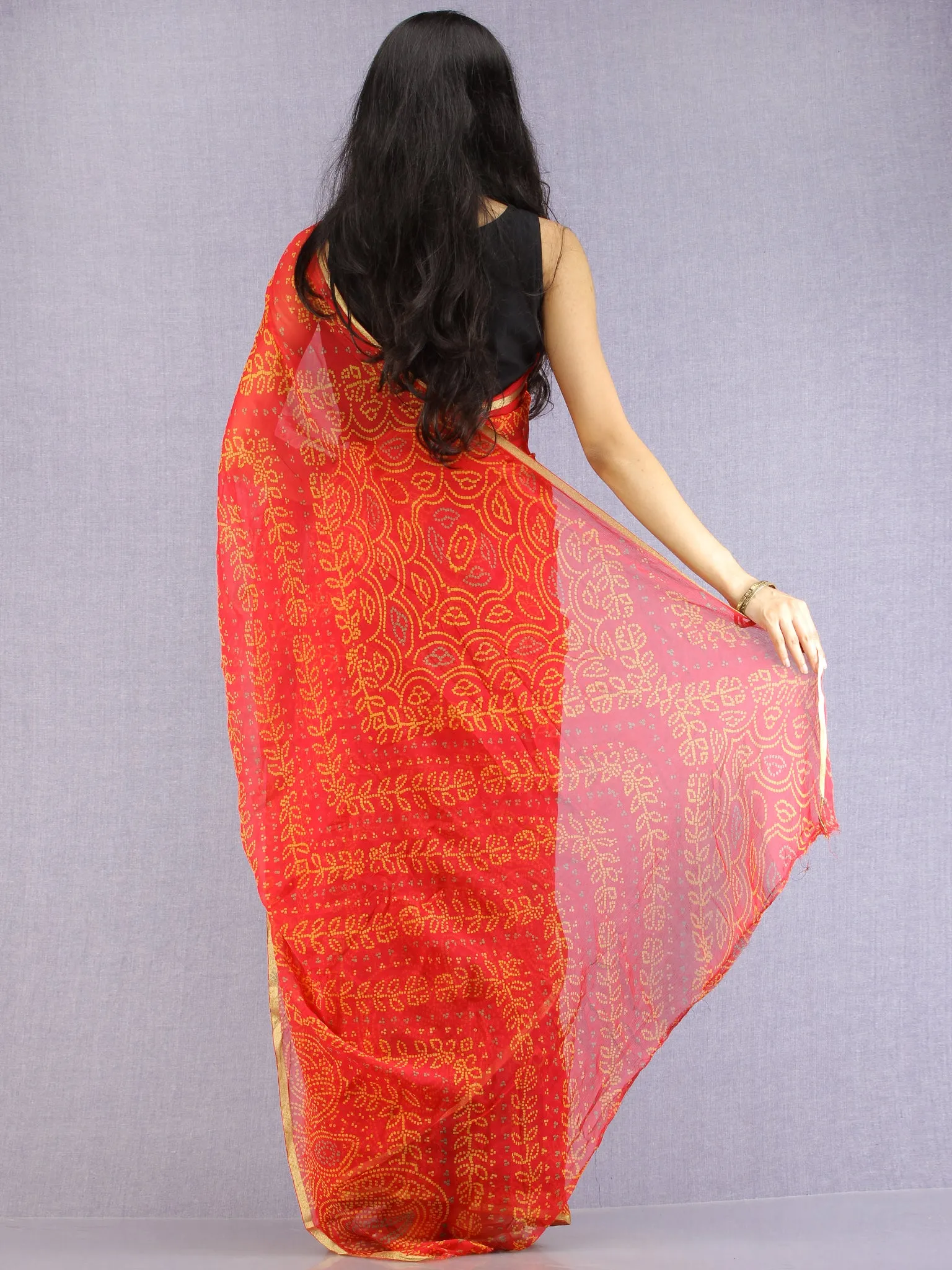 Navy Teal Yellow Hand Block Printed Chiffon Saree with Zari Border - S031704614