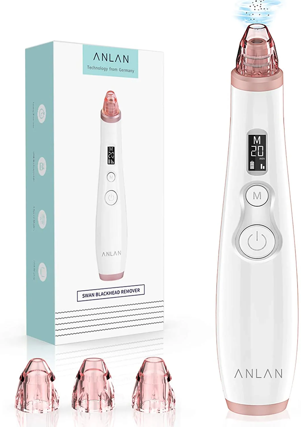 New ANLAN Swan Blackhead Vacuum Facial Pore Cleanser With Timing Function 3 Suction Levels 3 Replaceable Heads Rechargeable