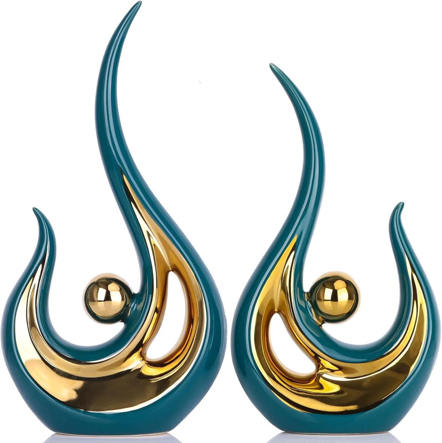 NEW Retails $56, XMGZQ Teal Home Decor, Green and Gold Couple Sculpture, Green Ceramic Statues, Teal Modern Abstract Art Ceramic Statue, Decoration for Living Room, Coffee Table Centerpiece Great Gift Idea, Teal/Gold