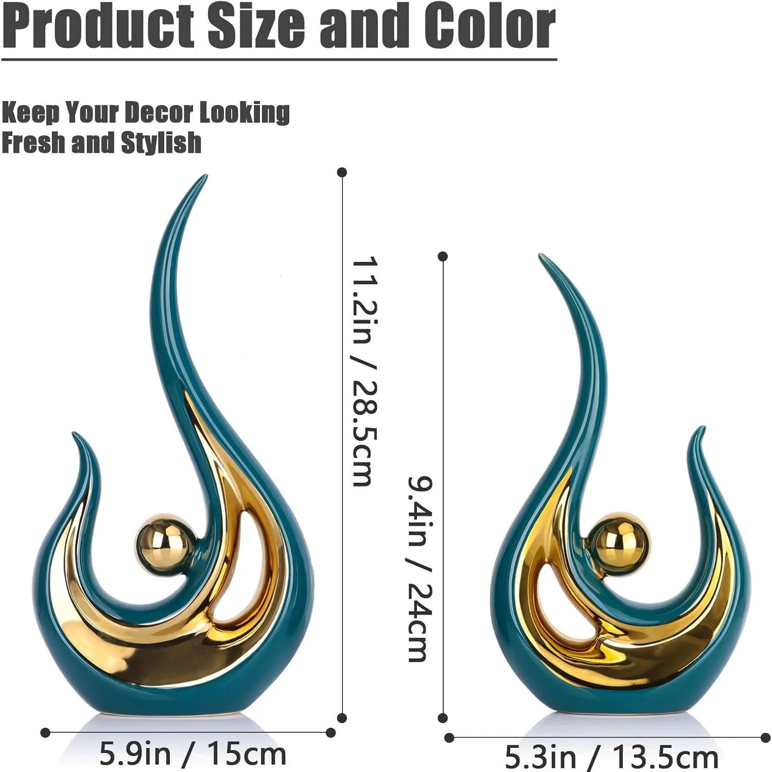 NEW Retails $56, XMGZQ Teal Home Decor, Green and Gold Couple Sculpture, Green Ceramic Statues, Teal Modern Abstract Art Ceramic Statue, Decoration for Living Room, Coffee Table Centerpiece Great Gift Idea, Teal/Gold