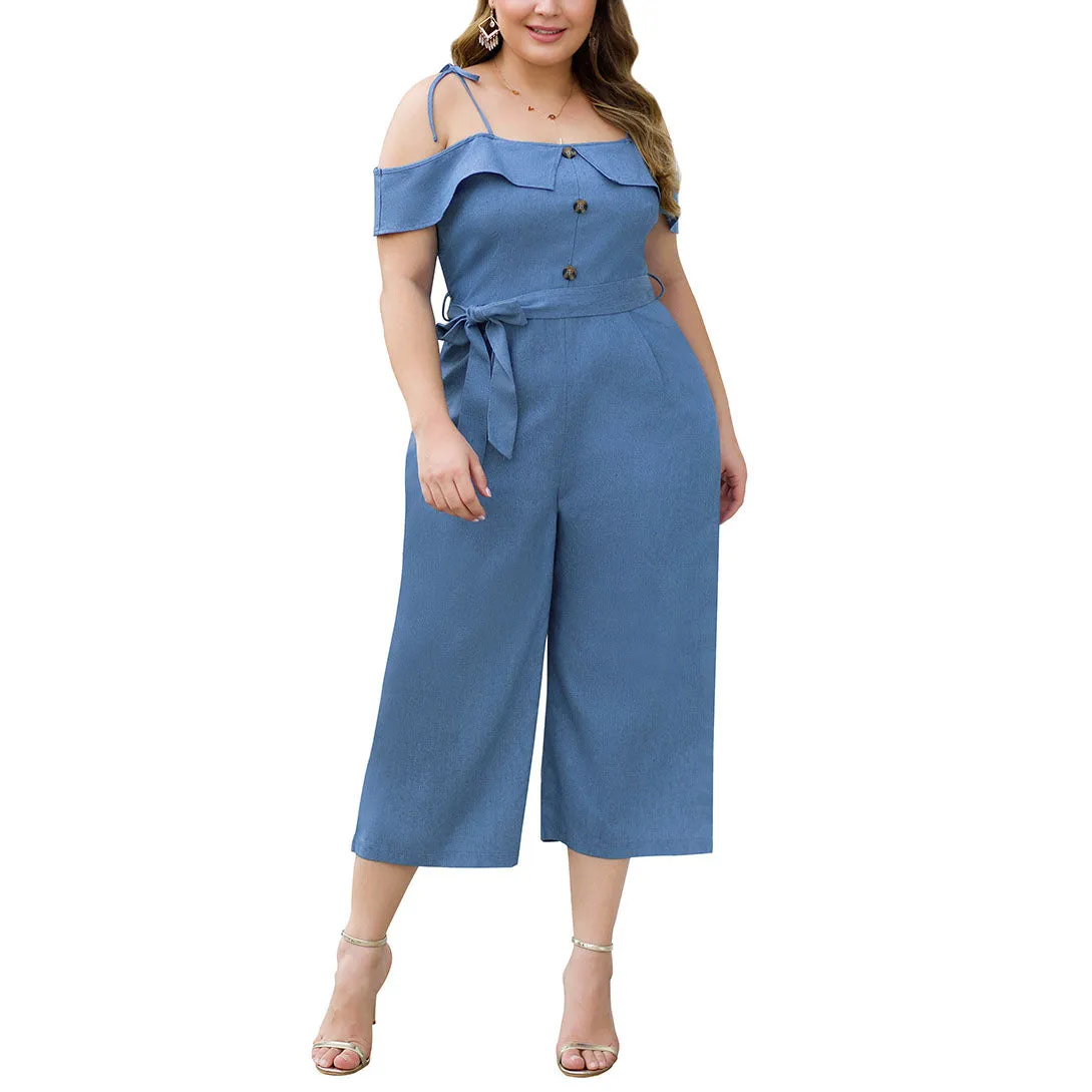 New Word Shoulder High Waist Strap Wide Leg Large Size Women's Denim One-piece Cropped Trousers