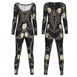 Nicki Minaj Jumpsuits Sexy Vintage Chain Pattern Print Clothing Women Patchwork Bodysuit Party Romper Playsuit Bandage Jumpsuits