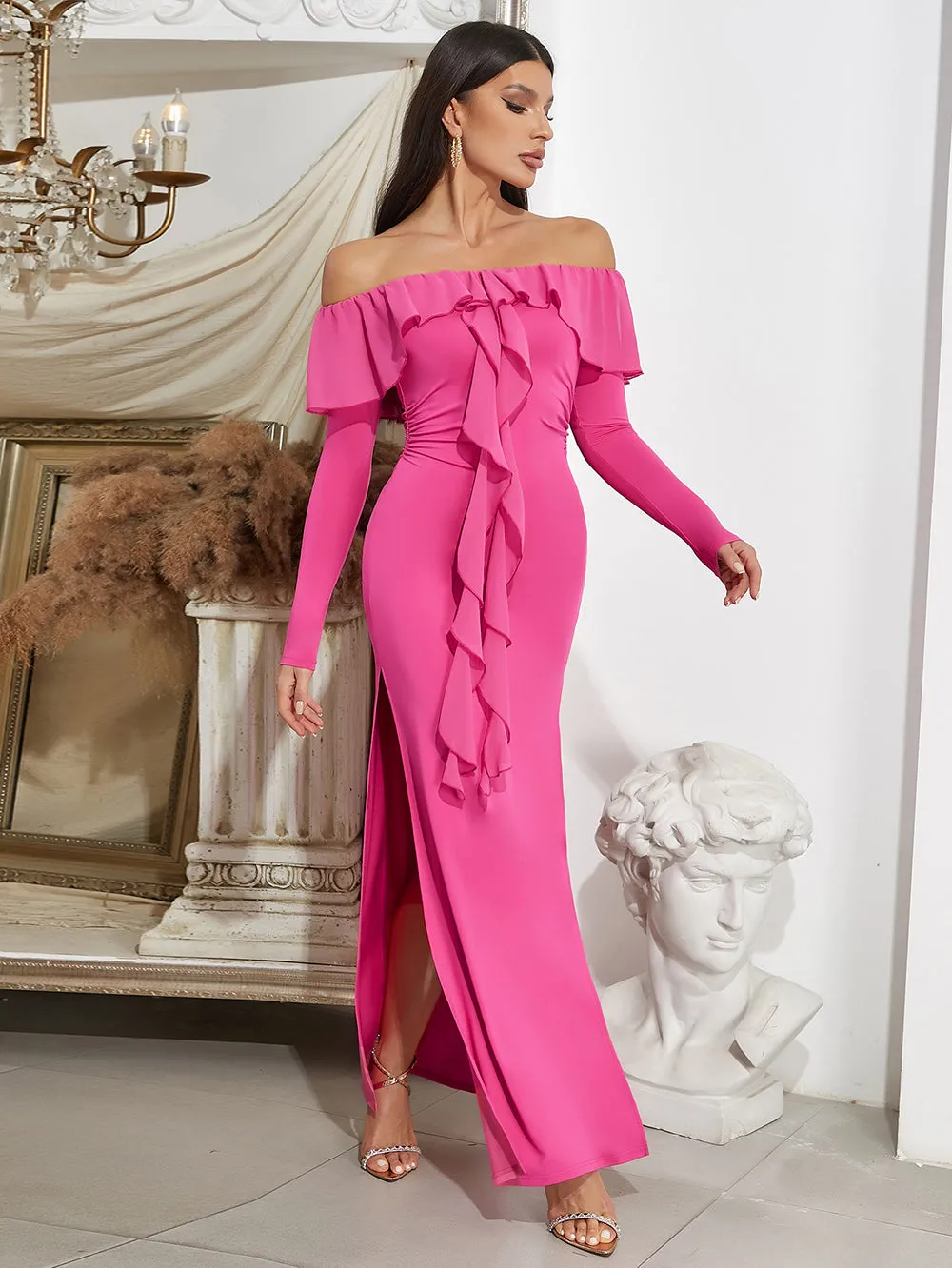 Off Shoulder Long Sleeve Flouncy Maxi Bodycon Dress HB0379