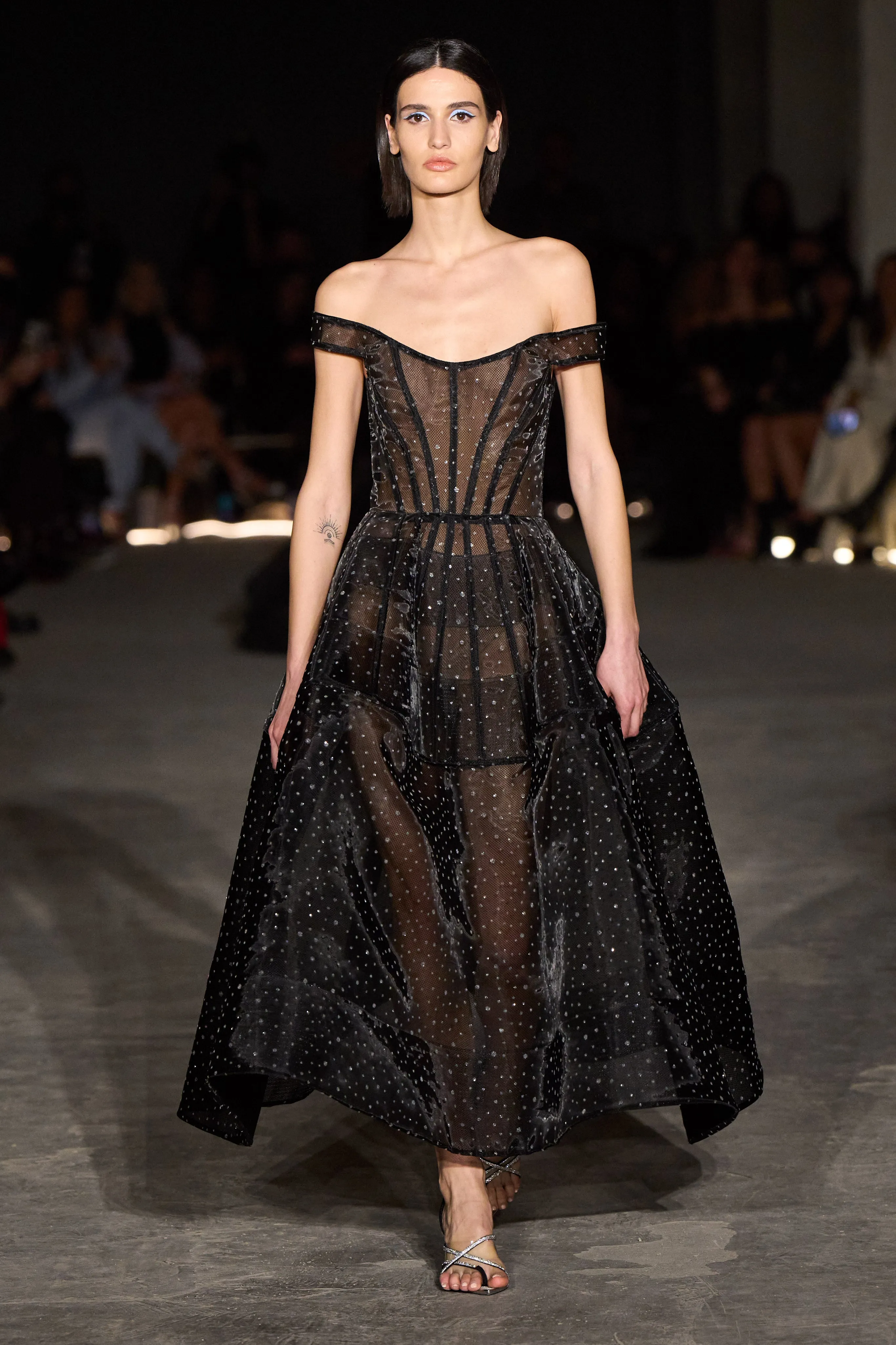 Off the Shoulder Crystallized Mesh Cage Dress
