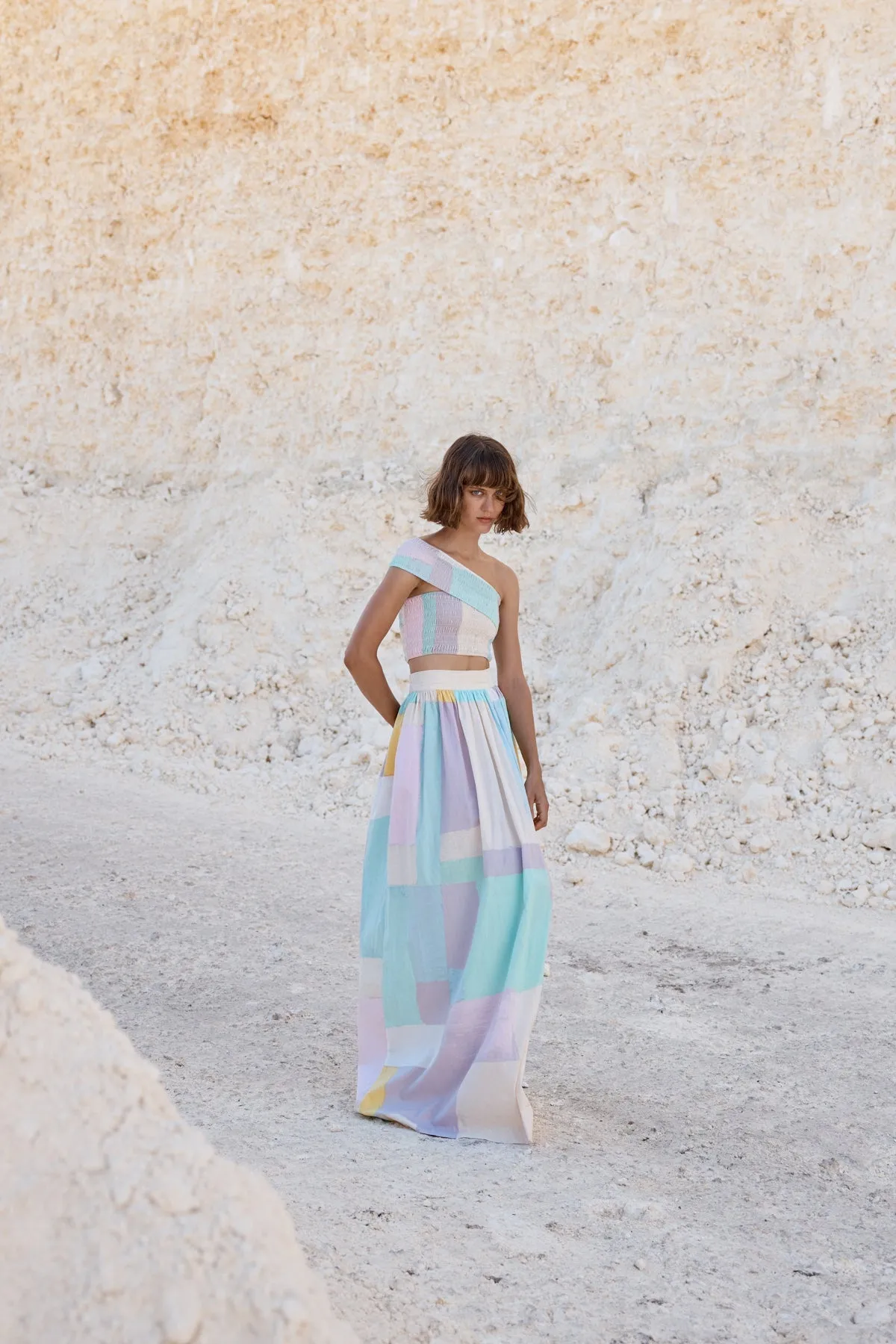 One Shoulder Shirred Top | Maxi Skirt