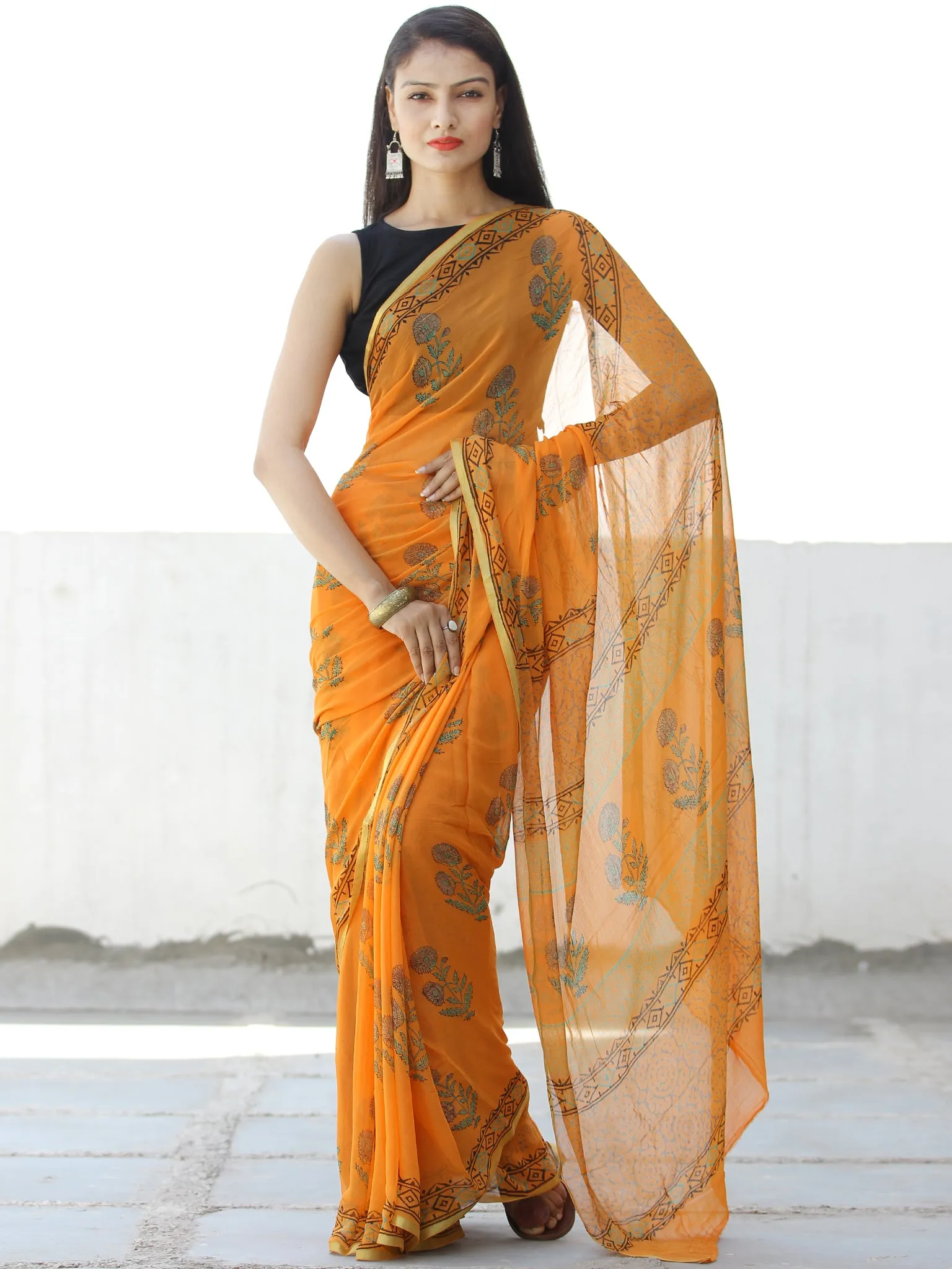 Orange Green Hand Block Printed Chiffon Saree with Zari Border - S031703957