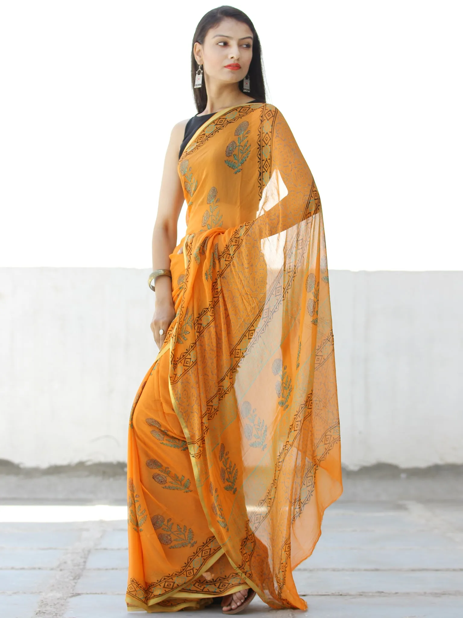 Orange Green Hand Block Printed Chiffon Saree with Zari Border - S031703957