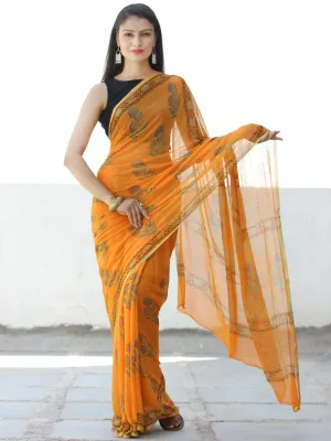 Orange Green Hand Block Printed Chiffon Saree with Zari Border - S031703957