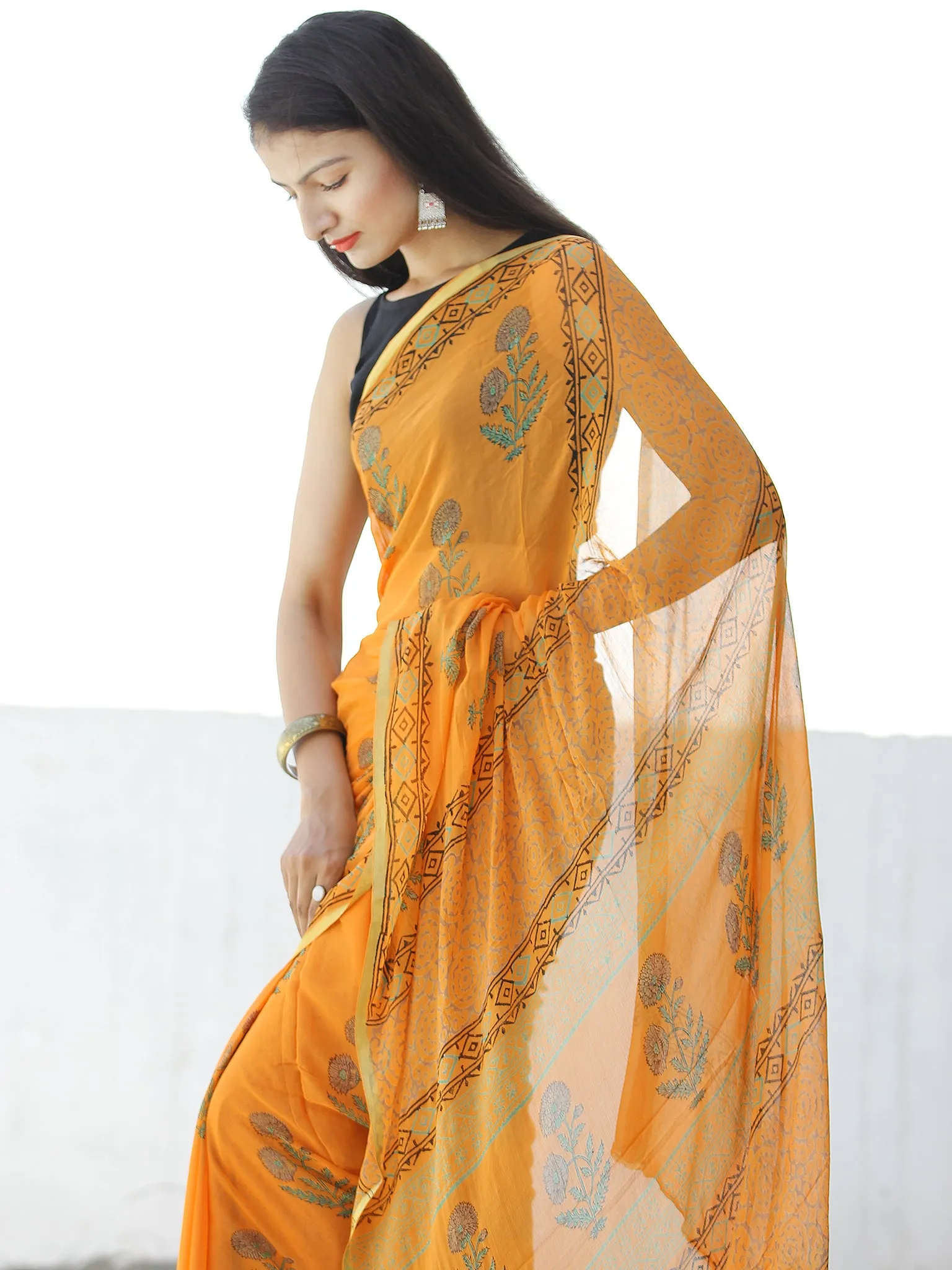 Orange Green Hand Block Printed Chiffon Saree with Zari Border - S031703957