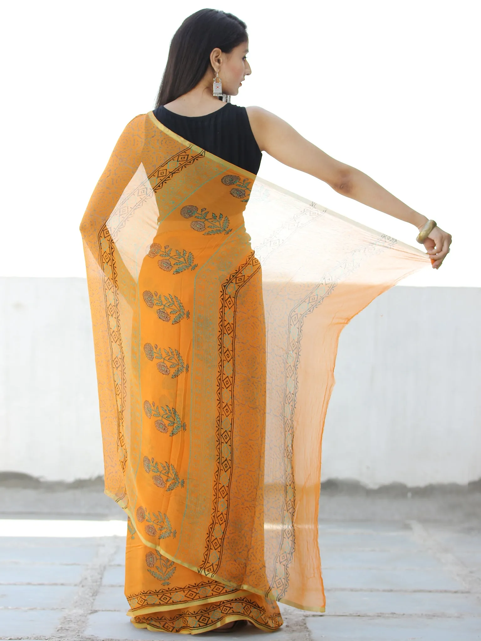 Orange Green Hand Block Printed Chiffon Saree with Zari Border - S031703957