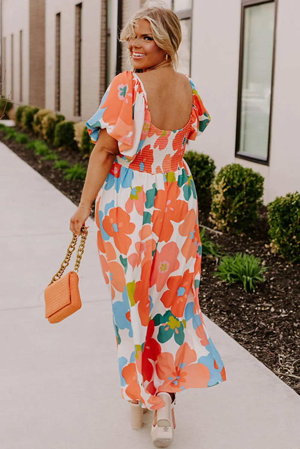 Orange Plus Size Flower Print Shirred Square Neck Maxi Dress