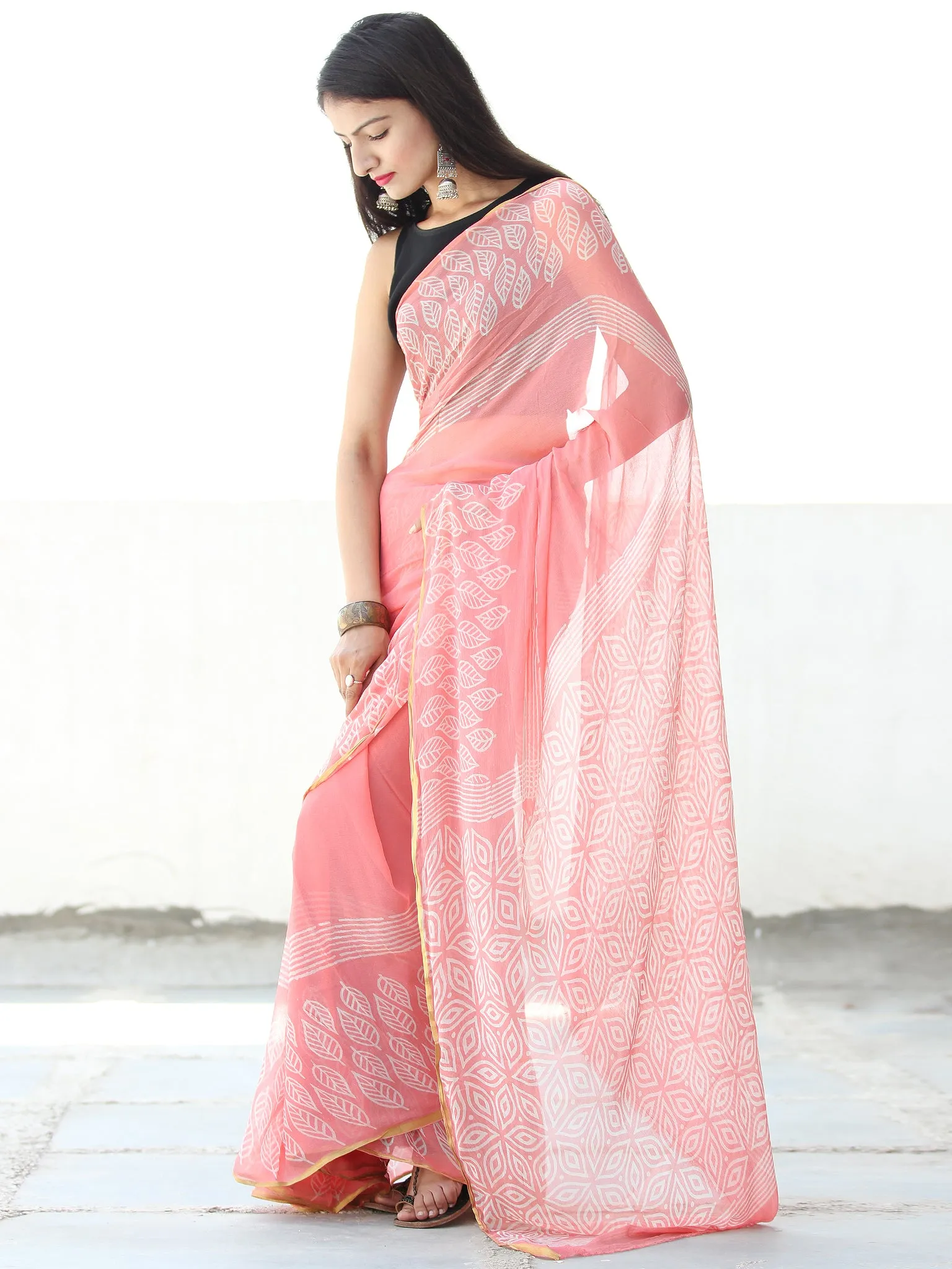 Peach White  Hand Block Printed Chiffon Saree with Zari Border - S031703915