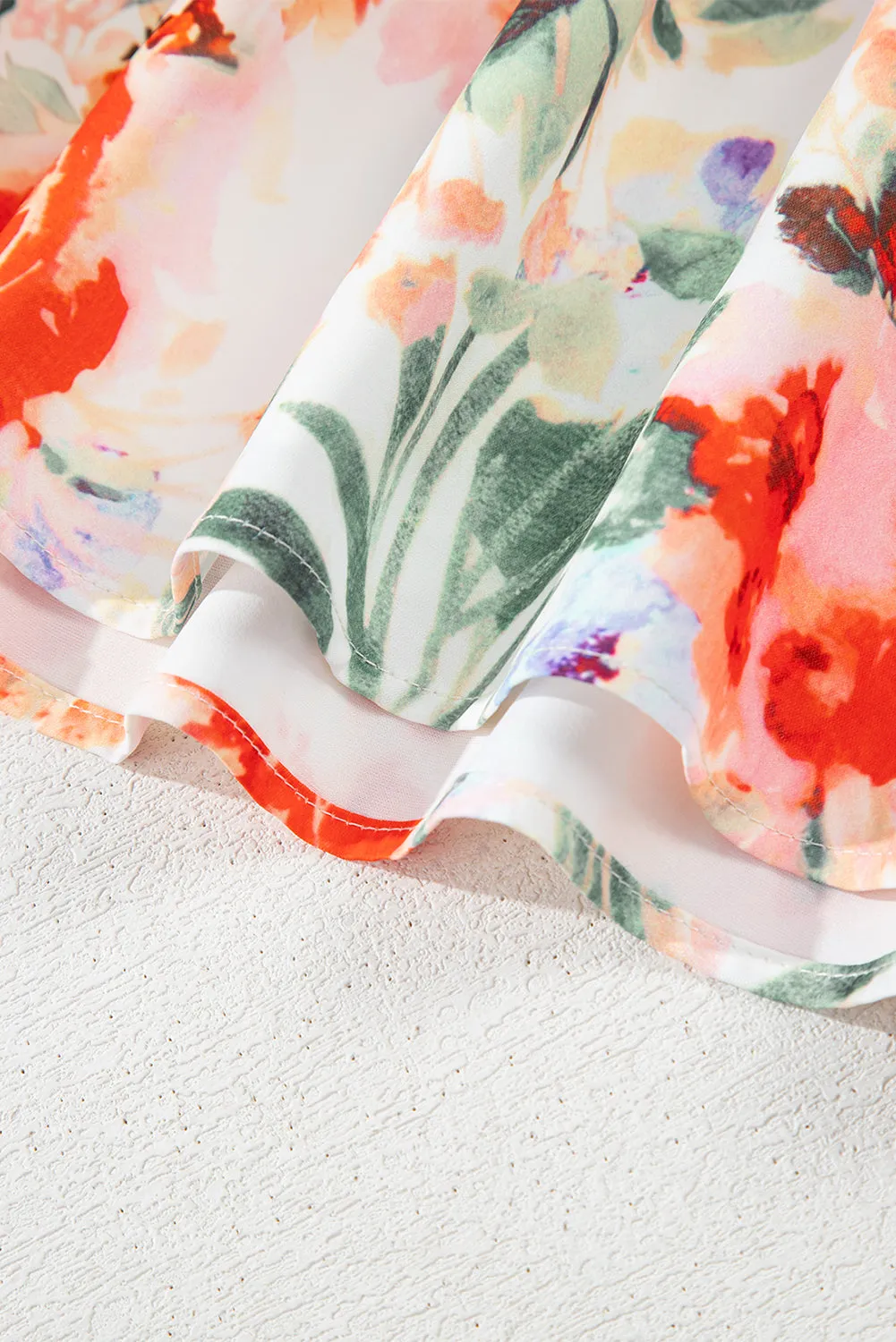 Pink Floral Double Ruffle Sleeve V Neck High Waist Mini Dress