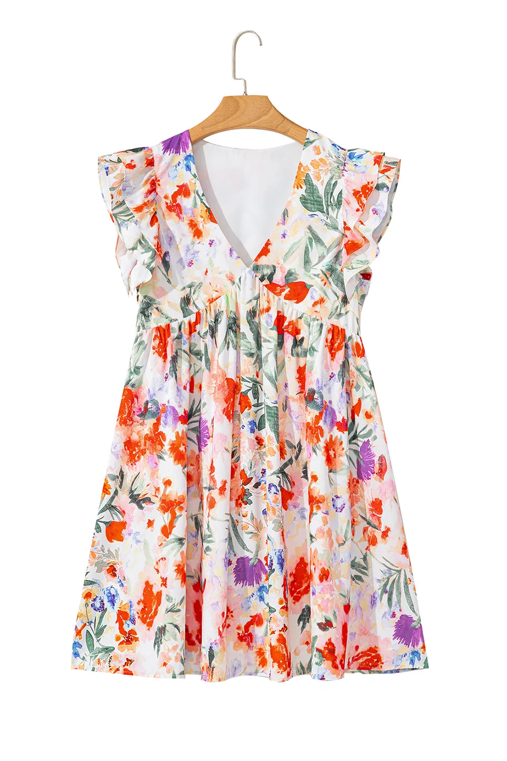 Pink Floral Double Ruffle Sleeve V Neck High Waist Mini Dress