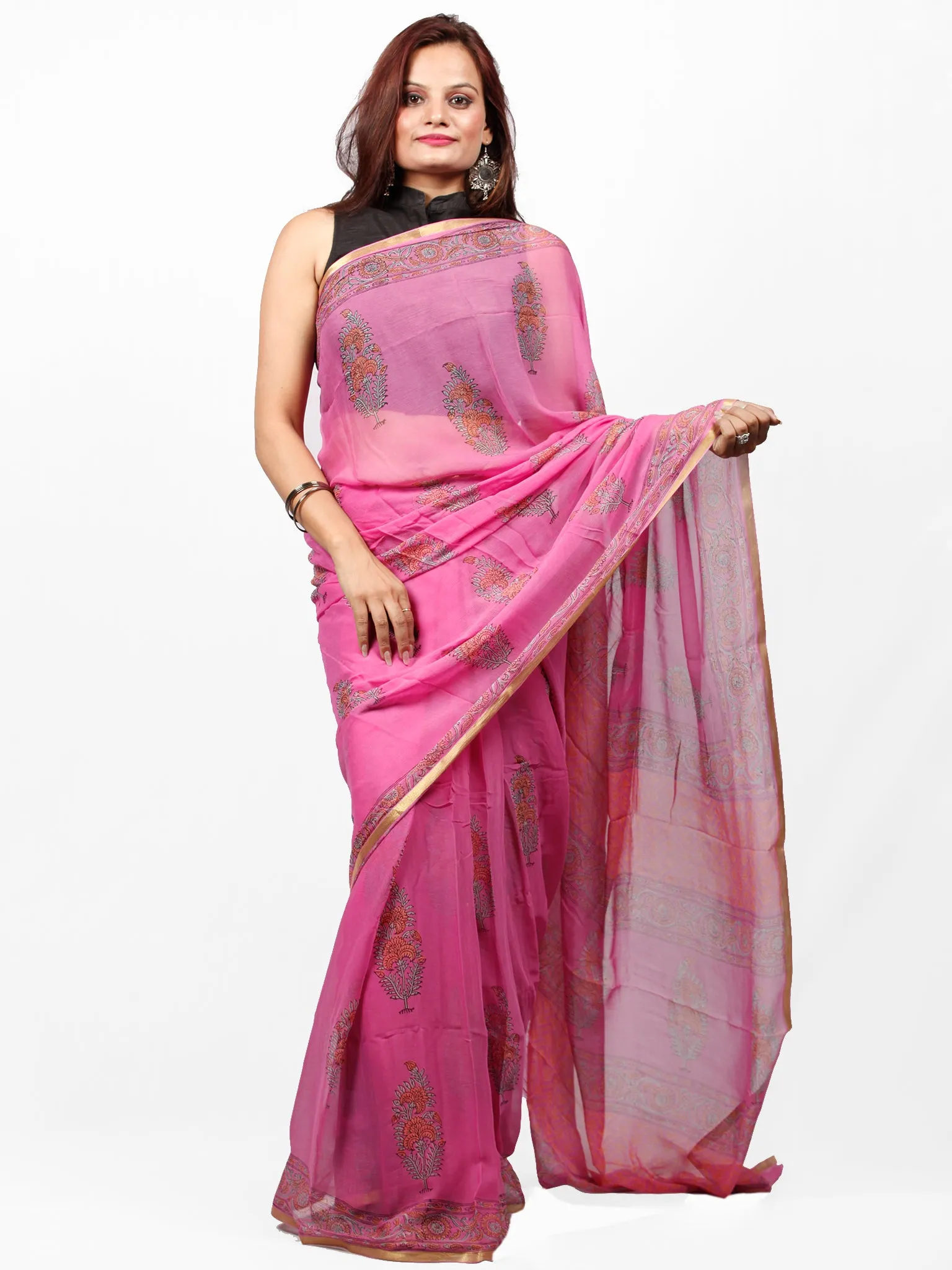 Pink Green Hand Block Printed Chiffon Saree with Zari Border - S031703436