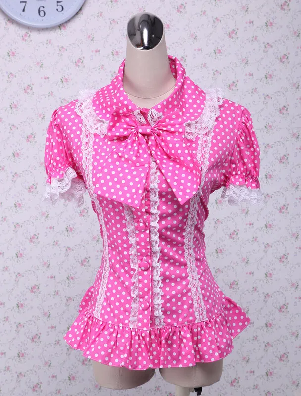 Pink Lolita Blouse White Dots Short Sleeves Lace Trim Bow