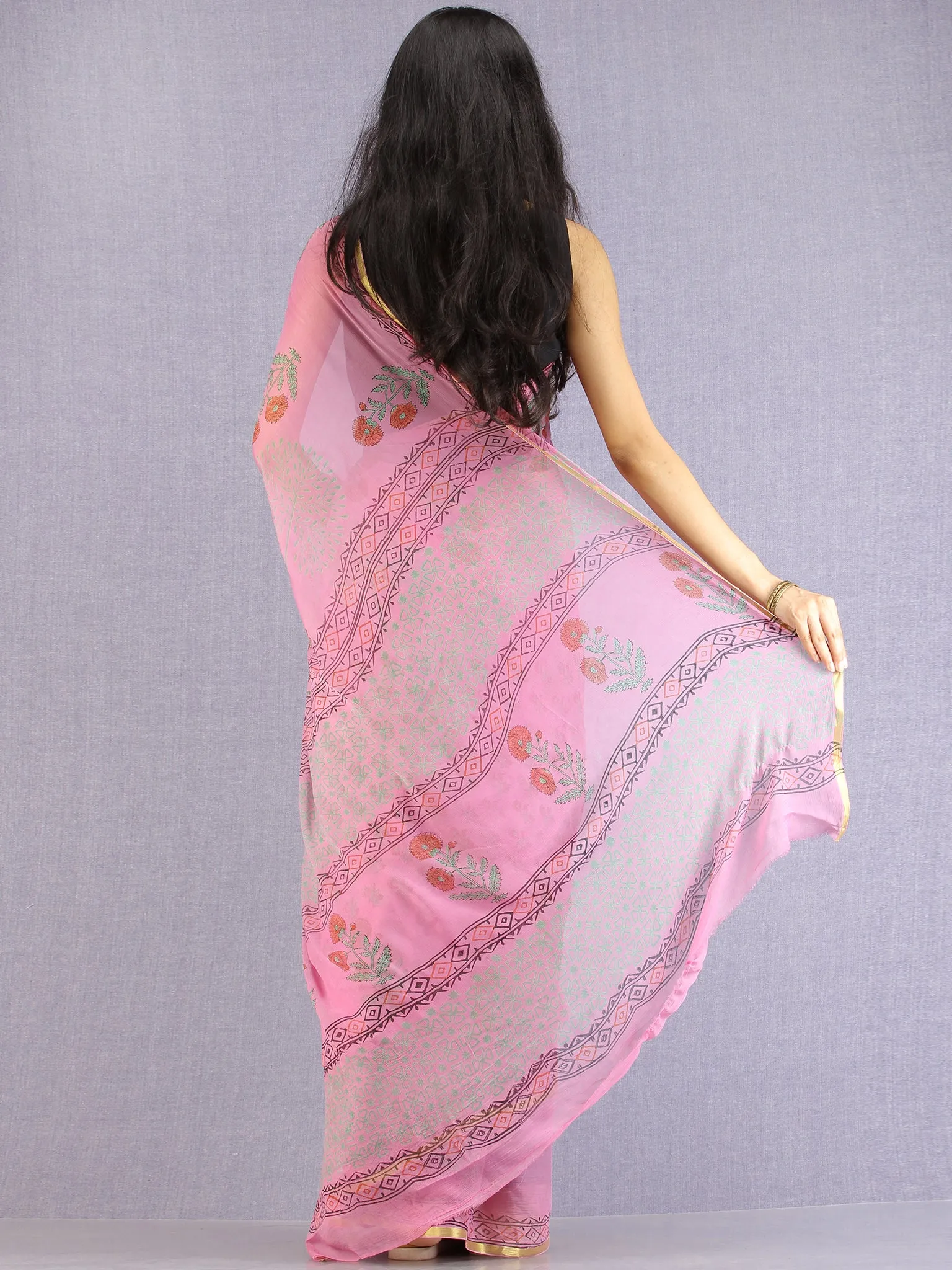 Pink Red Green Hand Block Printed Chiffon Saree with Zari Border - S031704605