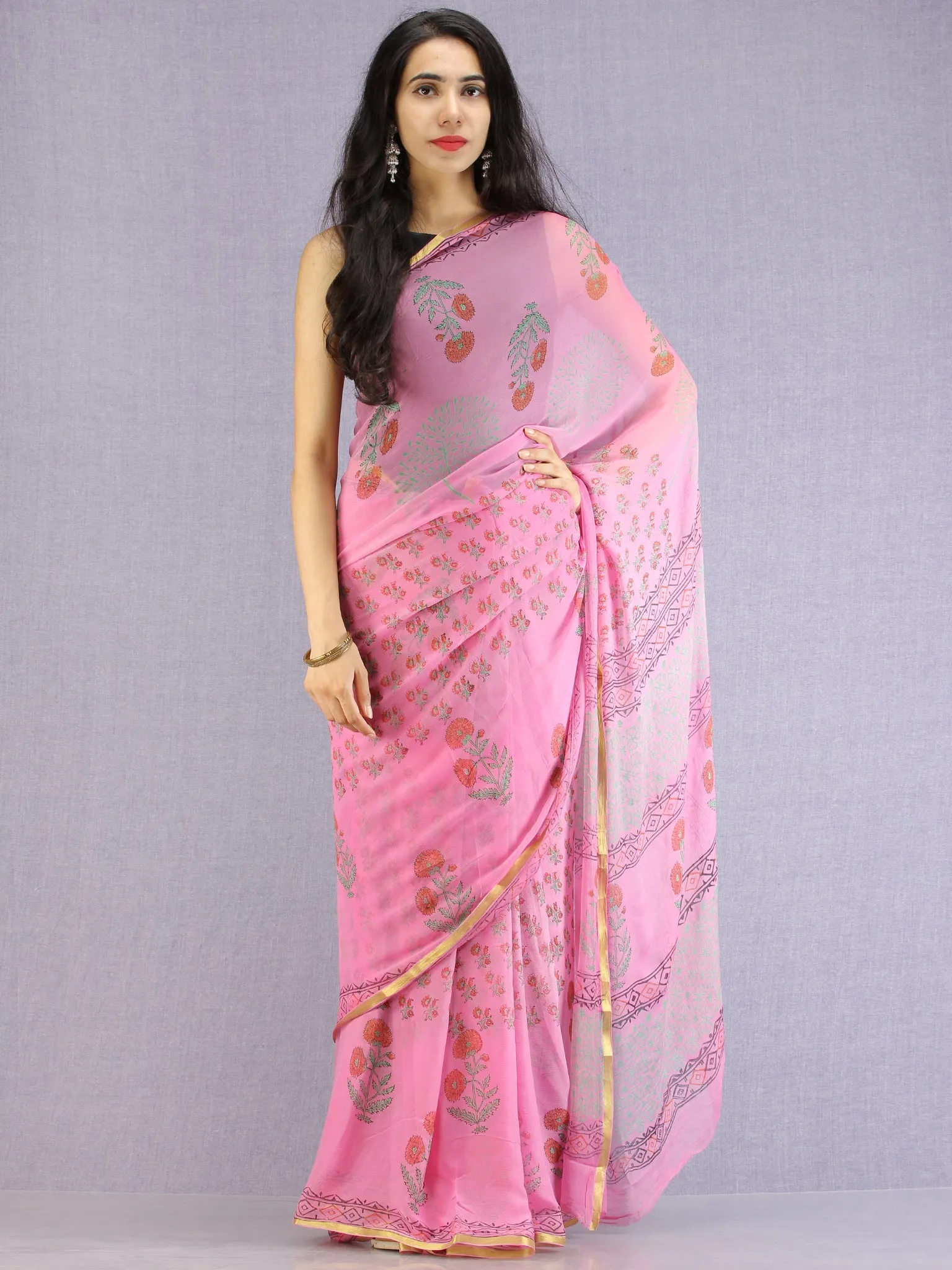 Pink Red Green Hand Block Printed Chiffon Saree with Zari Border - S031704605