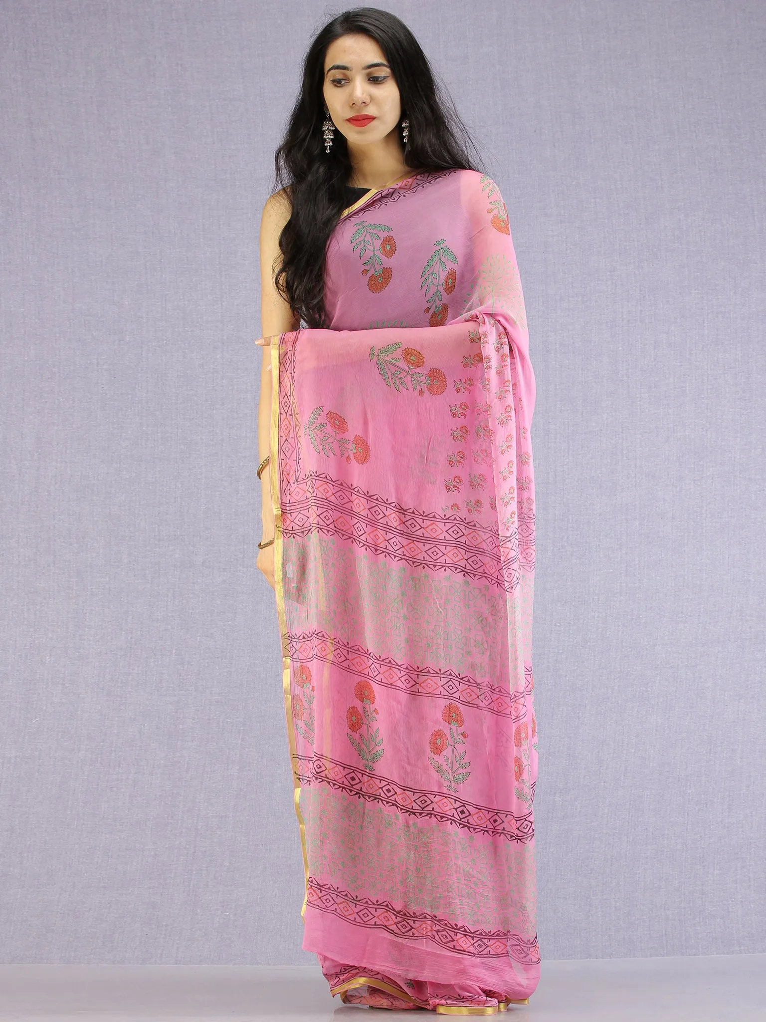 Pink Red Green Hand Block Printed Chiffon Saree with Zari Border - S031704605