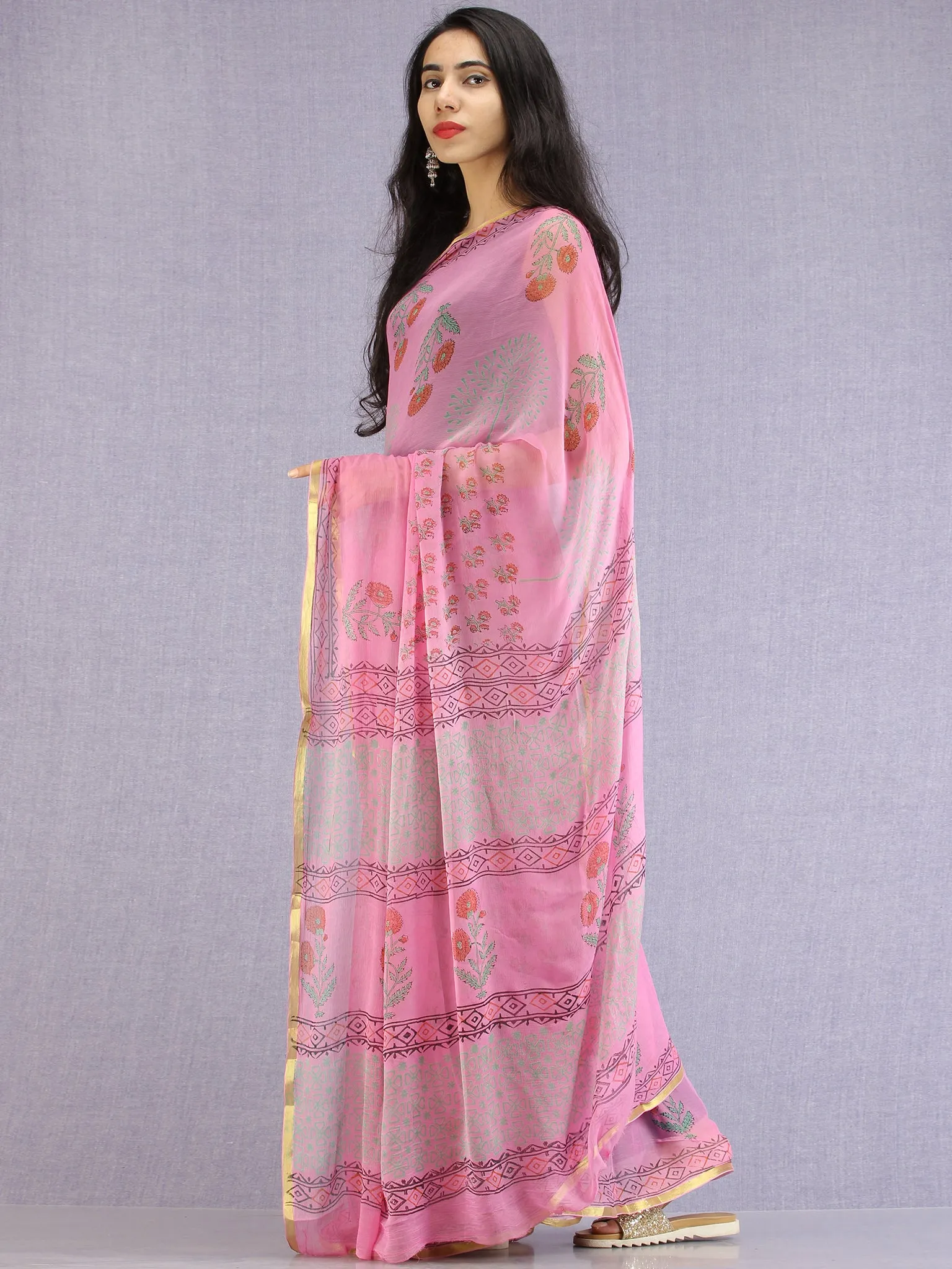 Pink Red Green Hand Block Printed Chiffon Saree with Zari Border - S031704605